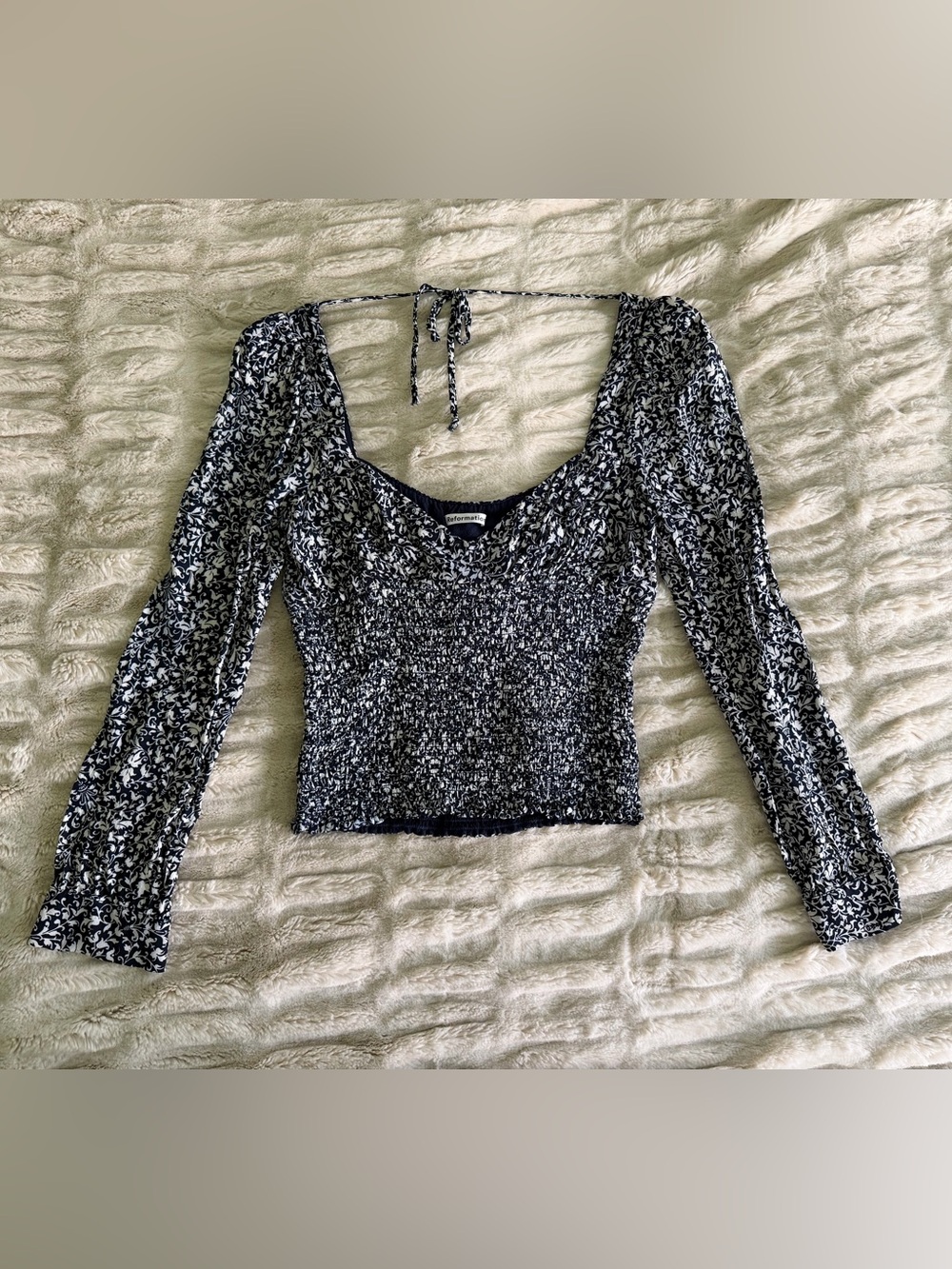 Reformation Russet top Navy Blue & White Smocked Long-Sleeve Scoop Top